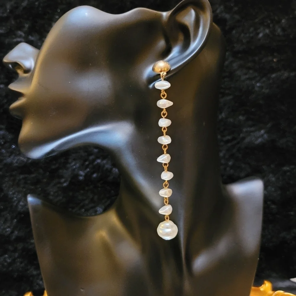 NWT Cultured Freshwater Pearl Strand Long Drop Gold Earrings